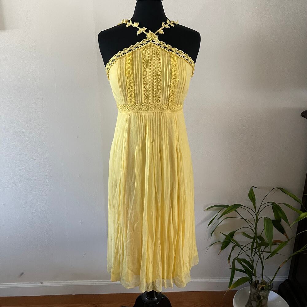 Elie Tahari Womens 10 Yellow Silk Chiffon Halter Dress Lace Pleats Vintage